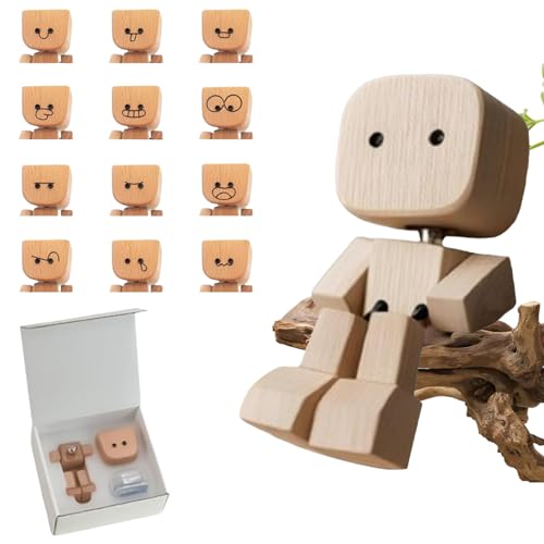 Charmante petite figurine en bois oscillante avec 12 expressions magnétiques, décoration de bureau amusante en bois faite à la main, for intérieur de voiture, espace de travail, salle d'étude(C)