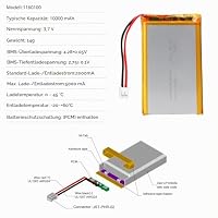 LiPo Akku 3,7V 10000mAh 1160100 mit JST-Kabel – Wiederaufladbarer Lithium Polymer Akku für Bluetooth-Lautsprecher, DIY-Projekte und Elektronikgeräte – Ansicht 4