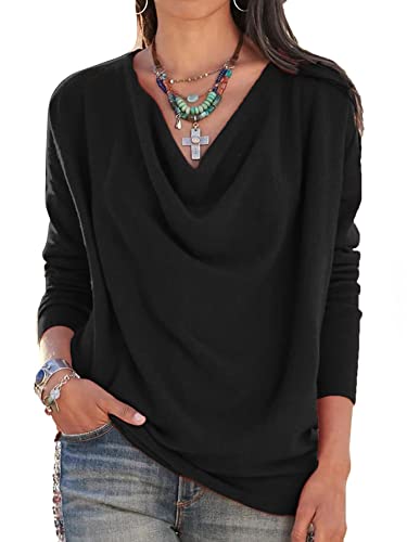 Lyaner Women's Draped Cowl Neck Long Sleeve Tunic Blouse Tops Black Small #TOP10