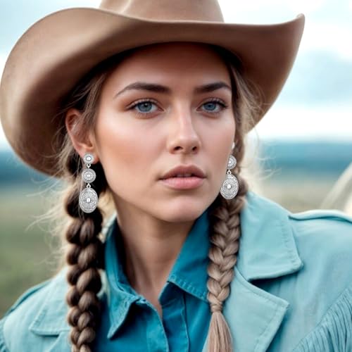 Silver Western Earrings for Women, Vintage Cowgirl Cowboy Western Silver Earrings, Oval Concho Drop Dangle Accessories Jewelry Country Concert Accessories for Women4