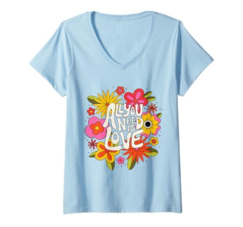 Womens The Beatles - All You Need Is Love Retro Flowers V-Neck T-Shirt