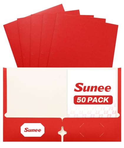 SUNEE Folders with Pockets 3 Hole Punched(50 Pack, Red), 2 Pocket Folders Fit Letter Size Paper, Paper File Folder for School Office Home Business