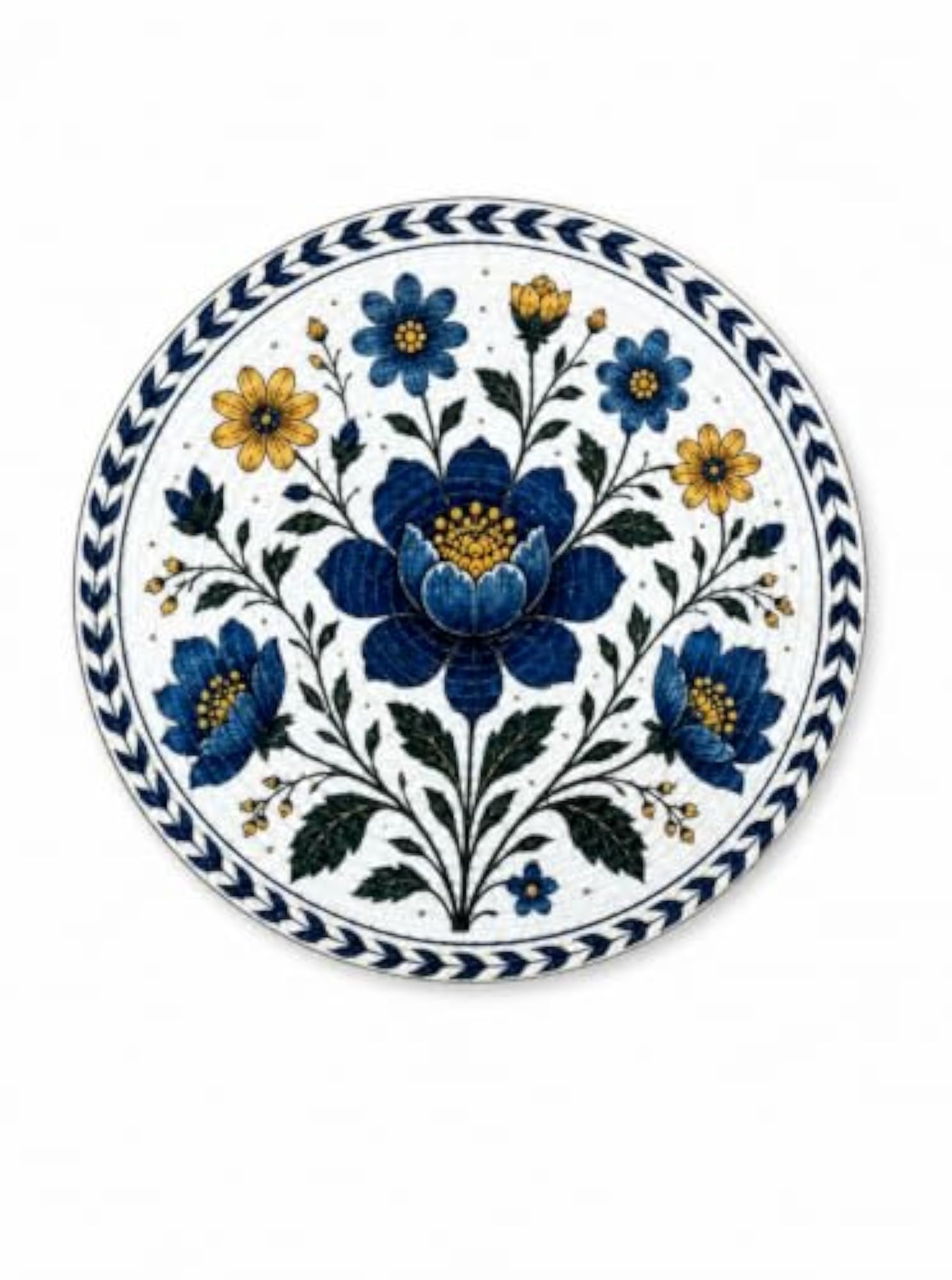 Round Cotton Dining Table Mat, Blue Floral Printed Placemat for Dining