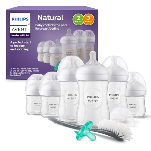 Philips Avent Newborn Gift Set - Bottles with Natural Response Nipples, 3 x 4oz/125ml (Slow Flow Nipples, Flow 2), 3 x 9oz/260ml (Medium Flow Nipples, Flow 3), Soothie 0-3m & Bottle Brush, SCD837/04 by Philips Avent - Used condition - US$35.58