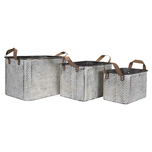 Foreside Home & Garden Rustic Set Of 3 Whitewashed Pattern Galvanized Metal Decorative Storage Bins With Faux Leather Handles #TOP20