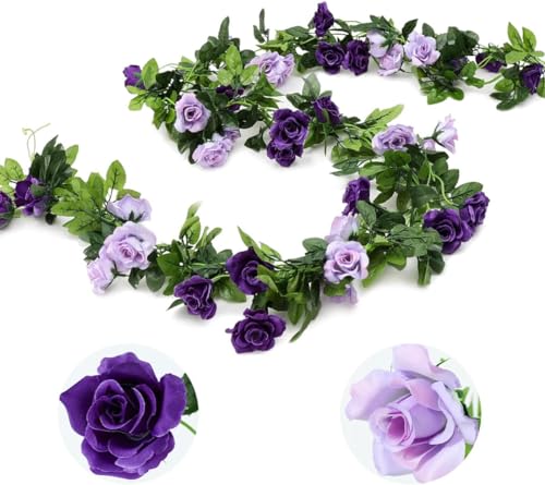 Veryhome 3PCS 7.9FT Artificial Purple Rose Flower Garland, Silk Hanging Floral Garland, Decorative Flower Vines for Room Decor Wedding Flowers Arches for Ceremony (Purple)