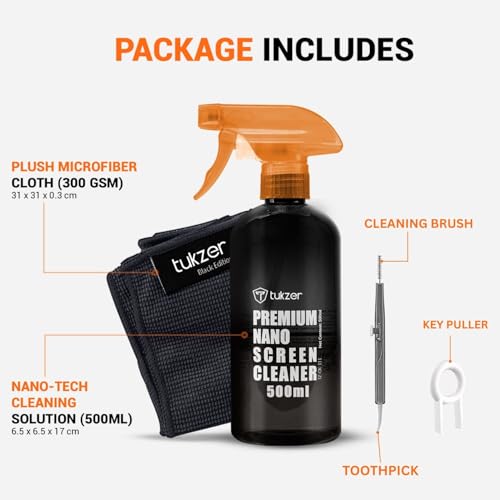Image of Tukzer 5in1 Professional Screen Cleaning Kit 500ML for Camera, Lens, Binocular, Laptop, TV, Monitor,Smartphone(Anti-Static Cleaning Liquid 500ml,Microfiber Cloth,Toothpick Cleaner,Keycap Puller,Brush)