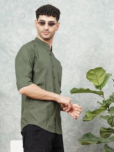 Image of THE INDIAN GARAGE CO Men Regular Fit Solid Full Sleeves Mandarin Collar Casual Shirt