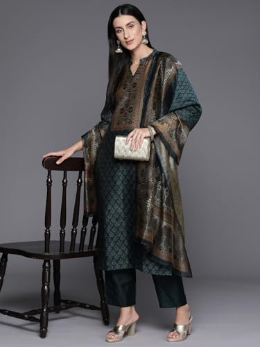 Image of Varanga Women Printed Straight Kurta Set with Dupatta | Chanderi | Round Neck | 3 /4 Sleeve | Calf Length |Casual & Effortlessly Chic Wear