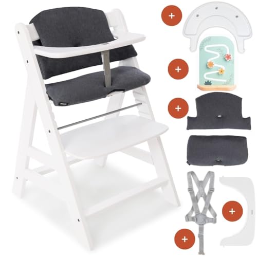 hauck Kinder Hochstuhl Alpha+ inkl. Play Tray Basis, Spielaufsatz Planting Flowers & Sitzpolster - Mitwachsender Babystuhl aus Holz, Kinderhochstuhl ab 6 Monate, verstellbar - Weiß