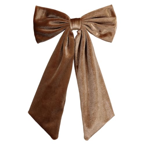 6.5 Inch Velvet Hair Bow Clip Classic Bowknot Ponytail Holder Long Velvet Ribbon Barrette Hair Accessories for Women Girls, Brown