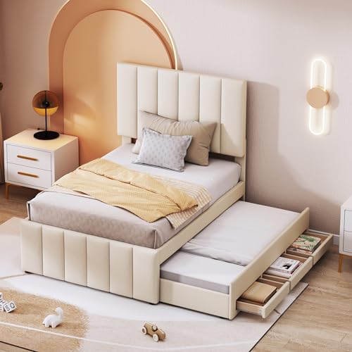 Zravenna Cama individual 90 x 200 cm, cama juvenil tapizada con cama nido y cajones, cama con tapizado cabecero y somier, lino, beige