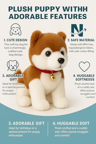 Image of Realistic Dog Plush Toy with Bell - 22cm Soft Stuffed Puppy for Kids | Cute Small Puppy Doll with Brown & White Fur for Boys & Girls