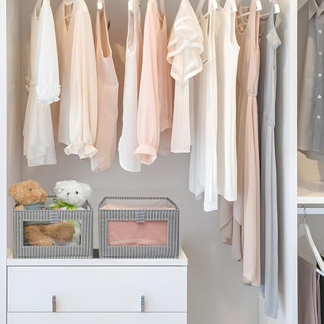 3 Pack Linen Closet Organizers, Foldable Fabric Bins with Clear Window - Storage Baskets for Clothing, Jeans, Shelves, Organizer Containers (Gray Vertical Stripe, 3PCS/15.7 * 11 * 6.7in)