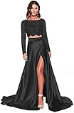 Vestidos de Fiesta de dos piezas para Mujer Divididos con bolsillos Vestidos de Noche formales de satén Largo Manga Larga de Encaje Black US26W
