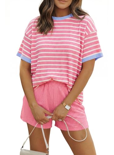 Image of MARZXIN Women 2 Piece Shorts Set 2026 Casual Summer Cruise Outfits Ribbed Loose Short Sleeve Pocket Matching Lounge Sets