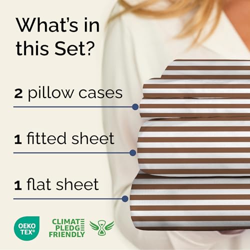 Image of Full 4 Piece Striped Sheet Set - Soft, Breathable & Cooling - Brown Stripe