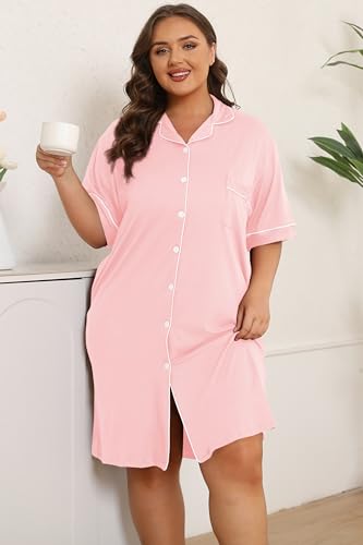 Image of Vozanet Women Button Down Nightgown Plus Size Nursing Nightshirt Boyfriend Nighty Bridal Sleepdress with Pockets XL-5XL