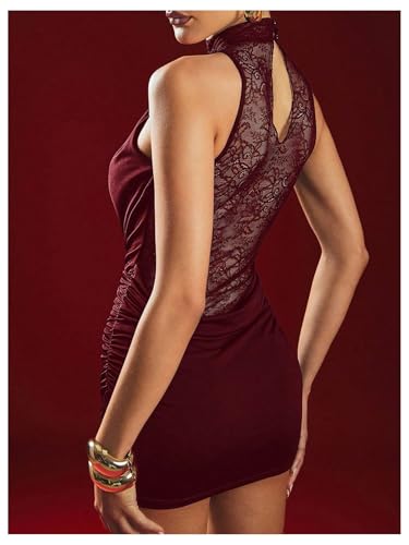 Image of GORGLITTER Women's Lace Birthday Cocktail Club Y2K Party Goth Mini Dresses | Cowl Neck Dress, Bodycon Mini Dress, Formal Going Out Outfits, Sexy Dresses for Women Date Night