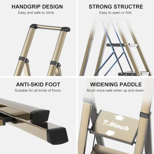 Image of 4 Step Ladder, Folding Step Stool with Anti-Slip and Wide Pedal, Gold Ladder with Handgrip, Lightweight Aluminum Space Saving Stepladder for Home and Kitchen, 300 lbs Capacity