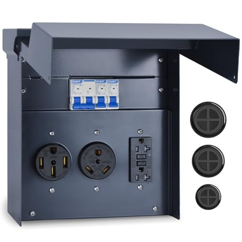 Umaogus RV Electrical Panel with Breaker, Temporary Power RV Outlet Box, UL 50 30 20Amp Receptacles, Outdoor Weatherproof Metal Enclosure, Easy Setup for Campers, Travel Trailers, Mobile Homes (Blue)