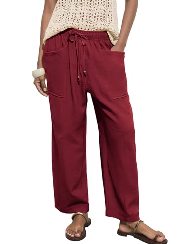 Acelitt Womens Cotton Linen Palazzo Pants Drawstring Elastic Waist Casual Wide Leg Trousers with Pockets