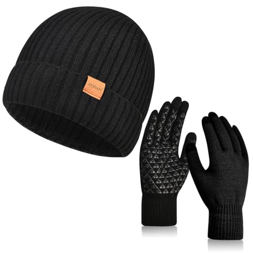 Womens&Mens Winter Warm Skull Beanie Hat and Touchscreen Gloves with Knit Fleece Lined for Cold Weather