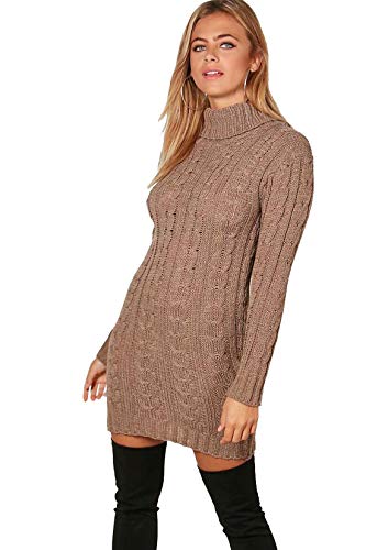 Image of Zaif & Hari® Ladies Womens Long Sleeve Polo Neck Cable Knitted Jumper Dress Top Plus Size UK 8-22 (M/L (UK 12-14), Mocha)