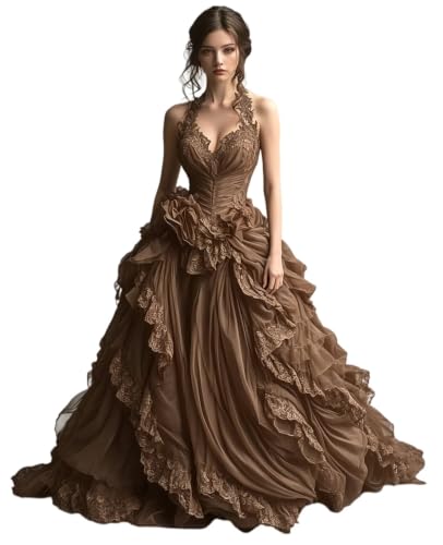 Dydsz Womens Gothic Halter Ruffle Brown Prom Dress Lace Formal Ball Gown 8