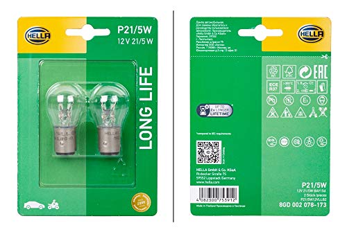 HELLA - Glühlampe - P21/5W - Long Life up to 3x longer lifetime - 12V - 5W - Sockelausführung: BAY15d - Blister - Menge: 2 - 8GD 002 078-173