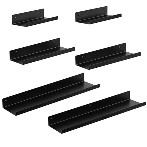 EUGAD Wandregal 6er Set, Hängeregal aus Metall, Schweberegal, Regal für Wand, Bilderleiste für Bilder Fotorahmen und Büchers, schwebendes Regal für Wohnzimmer Küche, schwarz
