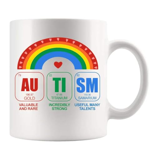 Autism Awareness Elements Periodic Table Autism Teacher Mom Dad Brother Sister Inspirational Drinkware Ceramic Mug 11 oz White