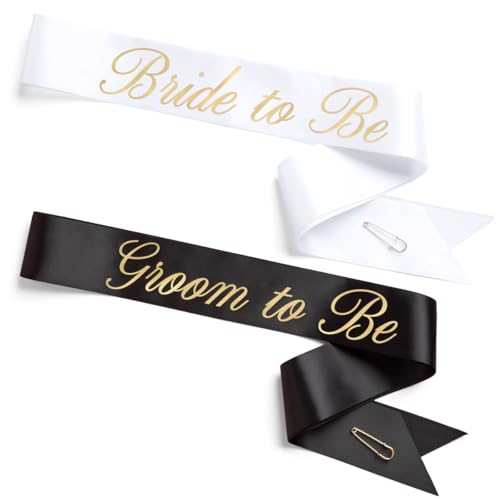 xo Fetti Bride and Groom Sash Duo 2 Pack | White and Black Satin Gold Foil Bridal Shower Engagement Party Bachelorette Decor Wedding Mr. & Mrs.