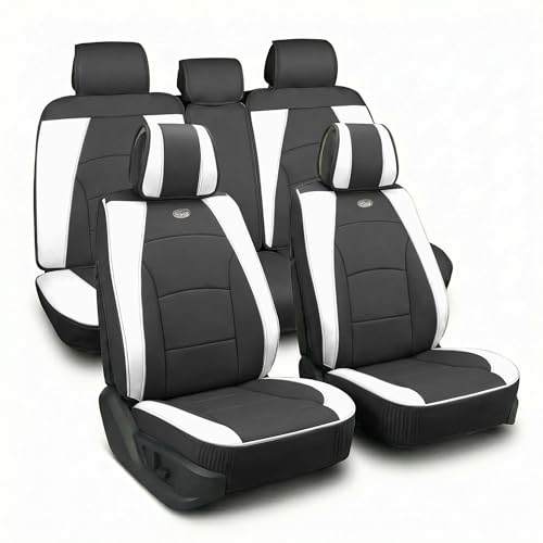 FH Group Ultra Comfort Highest Grade Faux Leather Full Set Cushion Pads Car Seat Covers for Front and Rear– Universal Fit for Cars Trucks & SUVs (White/Black)