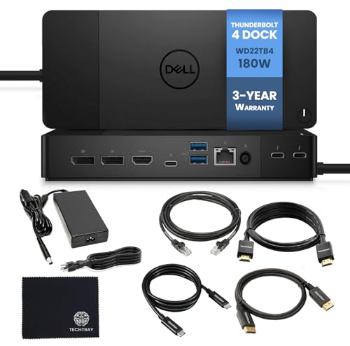 Dell WD22TB4 Thunderbolt 4 Dock 180W - 40Gbps, 3-Year Warranty, USB-C/USB-A Dell Docking Station with 180W Adapter + Techtray Cables & Cloth - Supports Dual/Triple Monitor & 4K Displays (New)