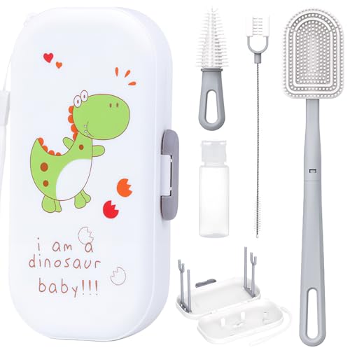 Image of 6-in-1 Travel Baby Bottle Brush Cleaning Kit, Travel Bottle Cleaner Kit with Silicone Bottle Brush, Nipple Brush, Straw Brush, Drying Rack, Dispenser, Organizer, Baby Travel Essential - White
