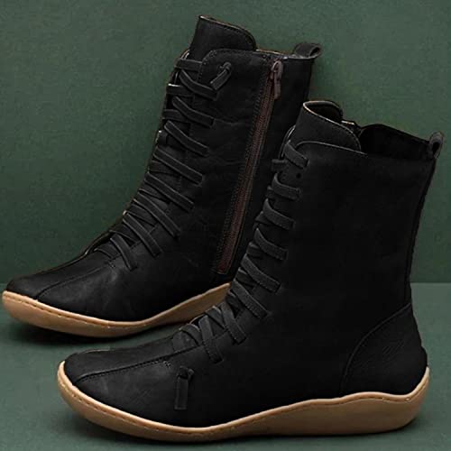 Hbeylia High Top Fashion Sneakers Boots For Women Vintage Fashion Casual Leather Lace Up Wedge Low Heels Mid Calf Combat Boots Retro Non Slip Wide Round Toe Winter Fall Riding Dress Short Boots2