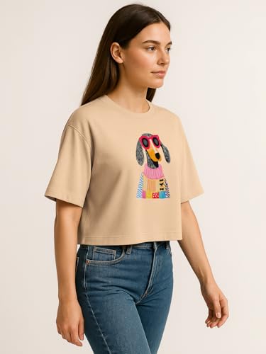 Image of HELLCAT Beige Printed Loose Fit Crew-Neck Crop T-Shirt for Women