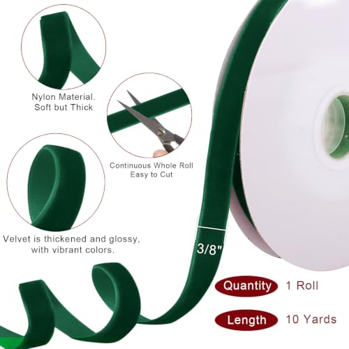 Image of Tsorode 10 Yards Dark Green Velvet Ribbon for Christmas Tree,3 /8 Inch