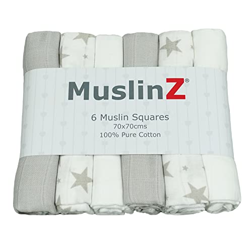 MuslinZ 6pk Unisex 100% algodón puro suave bebé muselina cuadrados eructos paños 70x70cm - estrellas grises gris blanco Cover