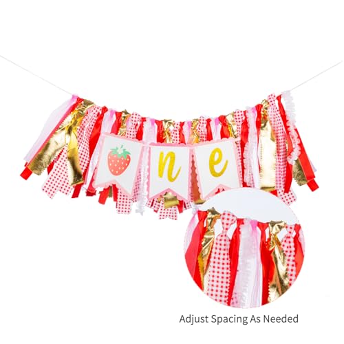 Image of Strawberry Highchair Banner - 1st Birthday Decoration, Sweet One Birthday Party Supplies for Girl Shower, Pink and Red Fairy Strawberry Photo Props