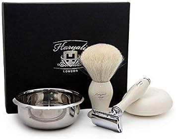 Mens Shaving Gift Set Includes Safety Razor, Pure White Badger Shaving Brush- Shaving Soap and Bowl | Perfect Mens Gromming Set