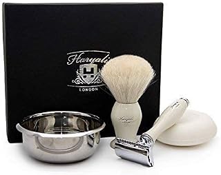 Blanco Cabello Pelo de Tejón Set en Color Marfil Color. el Juego Incluye Brocha de Afeitar, de Cuchilla de Afeitar (Cuchillas No Incluido ), Acero Inoxidable Cuenco y sin Jabón