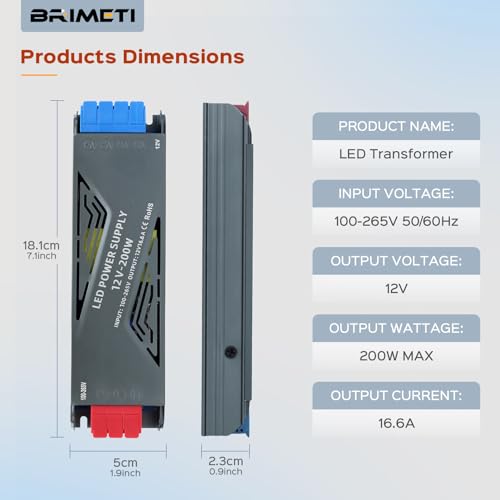 Image of LED Power Supply 12V 200W with Plug, BRIMETI LED Driver 16,6A Transformer AC 120V to 12V DC Low Voltage Switching Converter Constant Voltage Ultra Slim Adapter for Strip Light Cabinet Lights