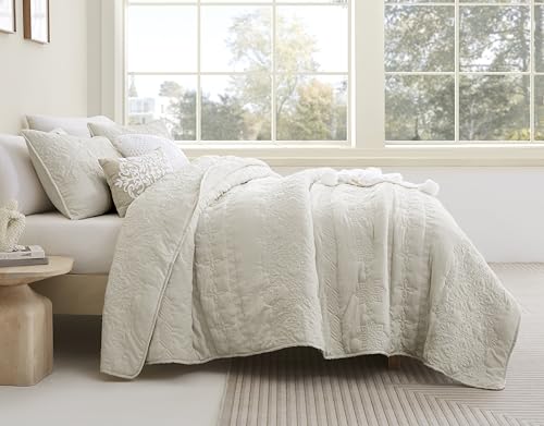 B2EVER Boho Light Beige Quilt Queen Size Bedding Sets with Pillow Sham, Bohemian Lightweight Bedspread Coverlet, Farmhouse Floral Vintage Thin Comforter Bed Cover All Season, 3 Pieces, 90x90 inches