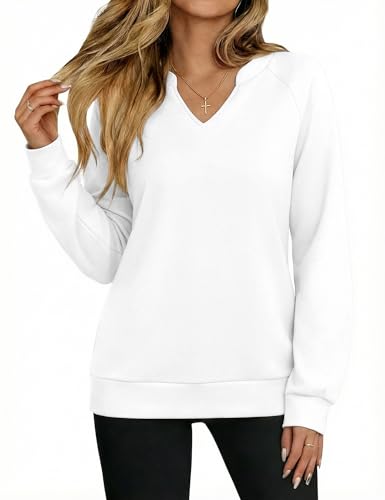 Aottori Sweat-Shirt Femme Coton Col en V Pull sans Capuche Manches Longues Sweat Tunique Basique Élégant Ample Sweats Uni Blanc S