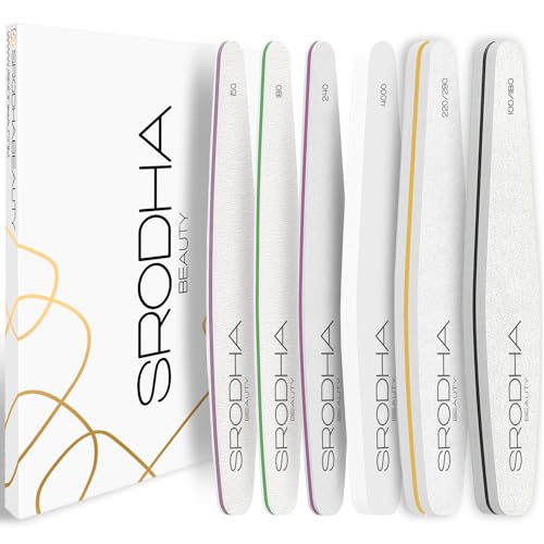 SRODHA Beauty Professional Nail File Set | Set of 6 | Double Sided Emery Boards & Buffer Blocks | for Natural, Acrylic & Gel Manicures/Pedicures | Grit 150/180/200/240/280/1000/4000