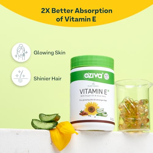 OZiva Plant Based Natural Vitamin E Capsules for Face & Hair with Sunflower oil, Aloe vera oil ,Argan oil, Vegan &Natural Vitamin E for Glowing Skin & Stronger Hair (Vitamin E,... - Image 2
