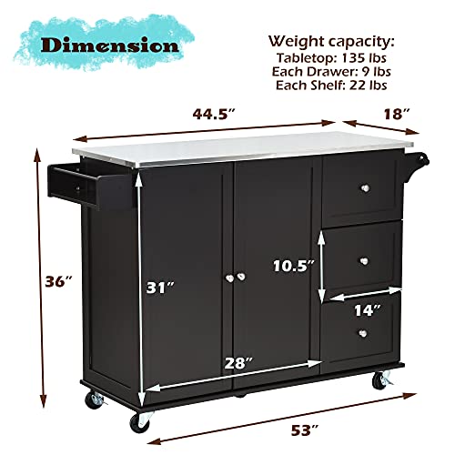 GLACER Kitchen Island Cart on Wheels, Rolling Kitchen Cart with Stainless Steel Countertop, Rolling Kitchen Island for Kitchen, Dining Room, Restaurant, 53 x 18 x 36 inches (Brown)