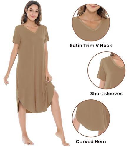 Image of NACHILA Nightgowns for Women-Viscose Made from Bamboo, V Neck Sleepshirts Short Sleeve Sleepwear Cool Nightshirt